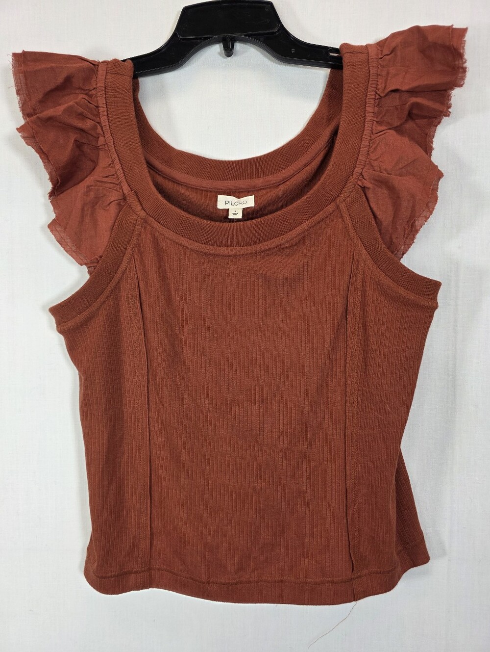 NWT Pilcro Anthropologie Rust Brown Ribbed Flutter Ruffle Sleeve Top Size L